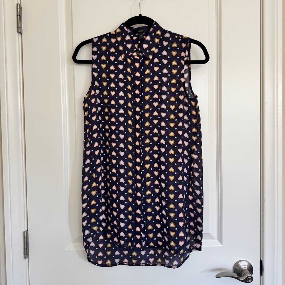 J. Crew Silk Sleeveless Blouse in Navy with Hearts
